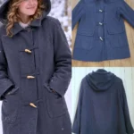 Thumbnail for Manteau Canadienne vintage à capuchon, bleu/gris, avec fermeture brandebourg style corne