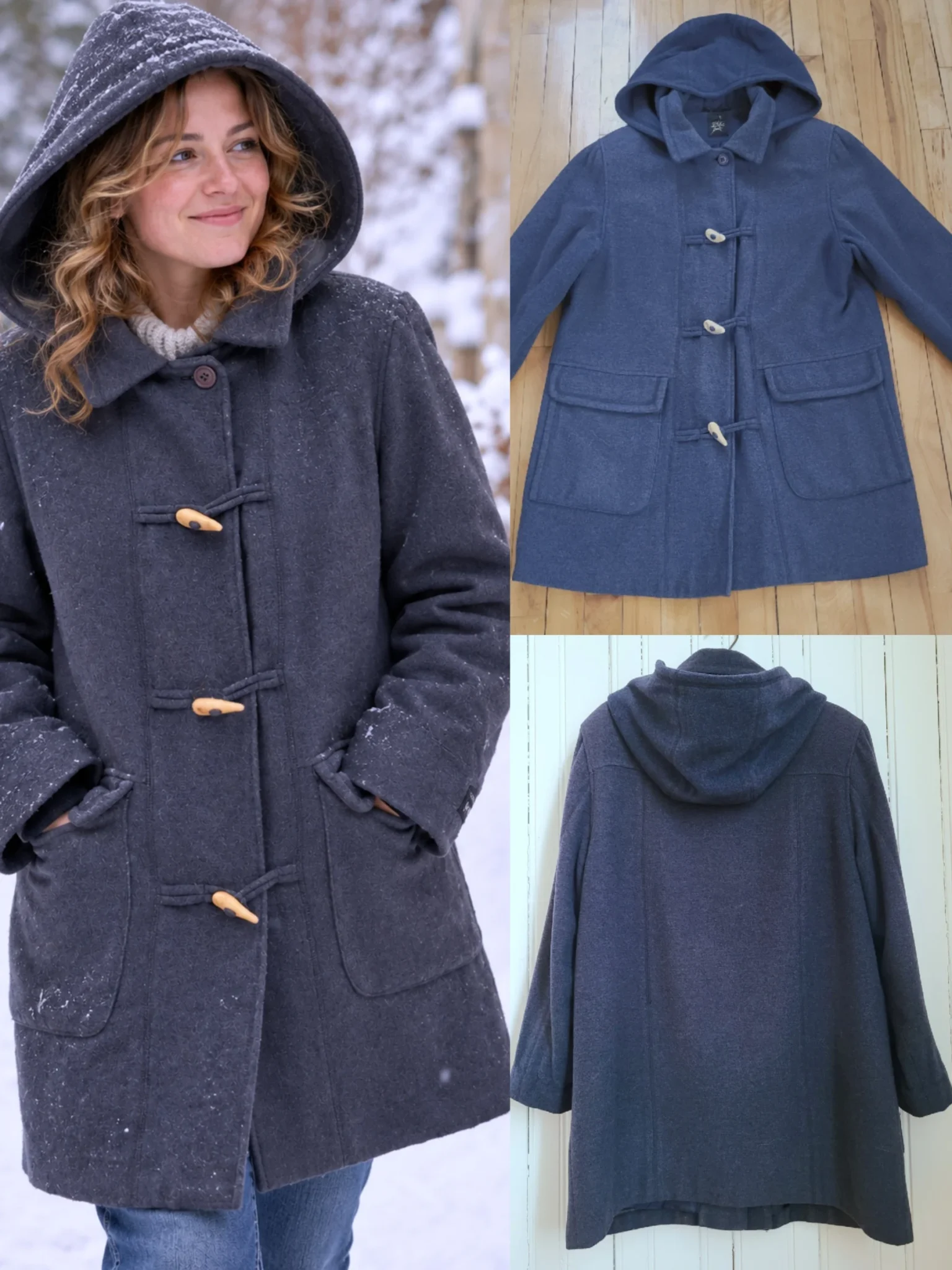 Image for Manteau Canadienne vintage à capuchon, bleu/gris, avec fermeture brandebourg style corne