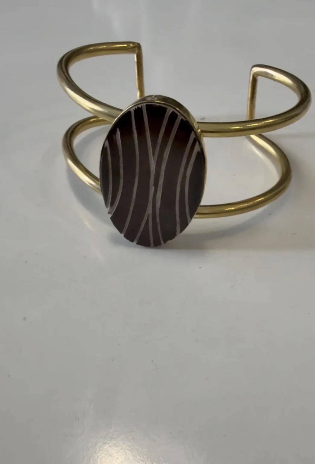 Image for Gold Bangle Bracelet with Cabochon and Geometric Lines