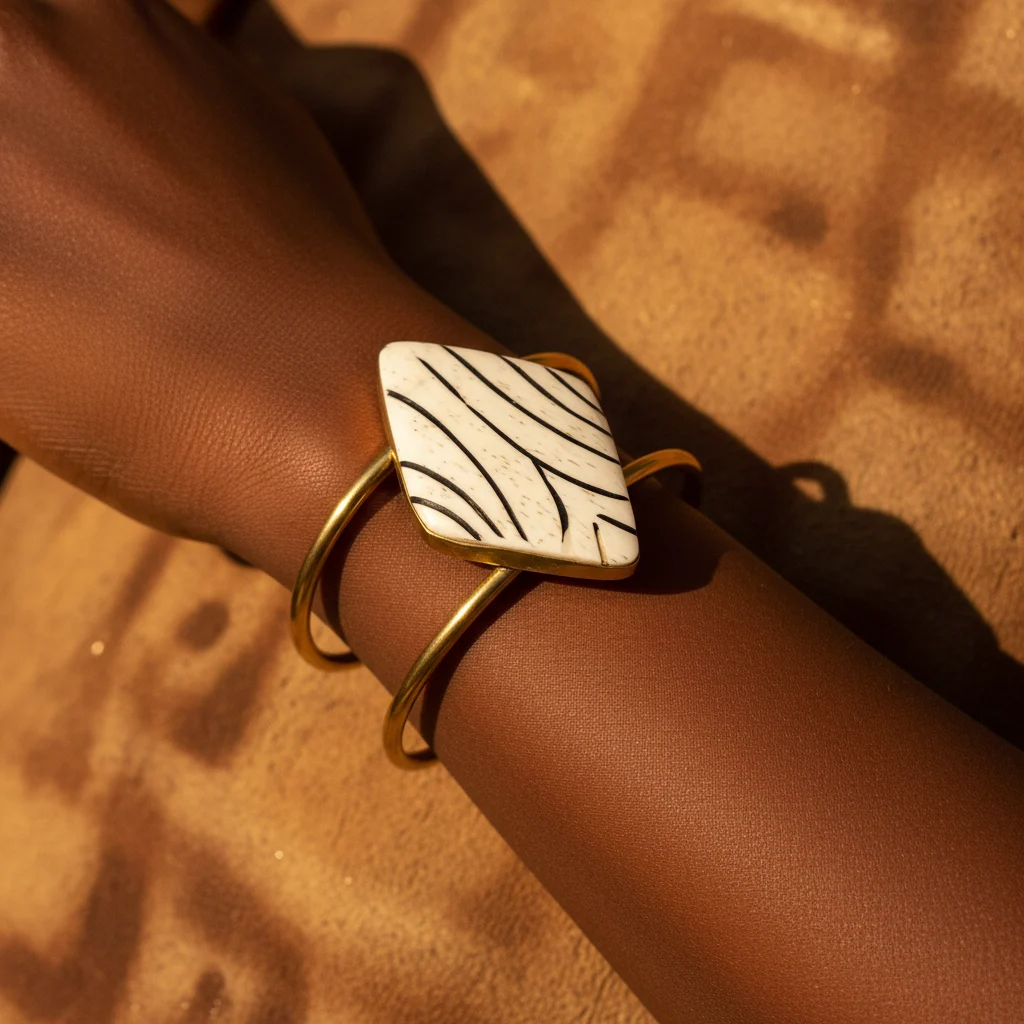 Gold Bangle with White & Black Diamond-Shaped Cabochons *Other seconde main
