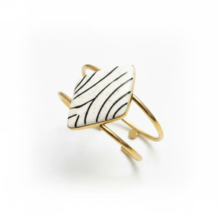 Image for Gold Bangle with White & Black Diamond-Shaped Cabochons