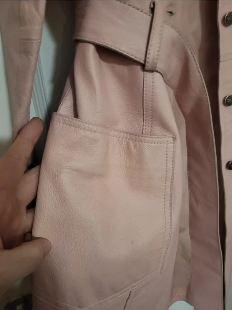 Image for BGN & CO. Y2K Pastel Pink Genuine Leather Trench Coat Jacket / Pastel pink genuine leather trench coat – Size S/P