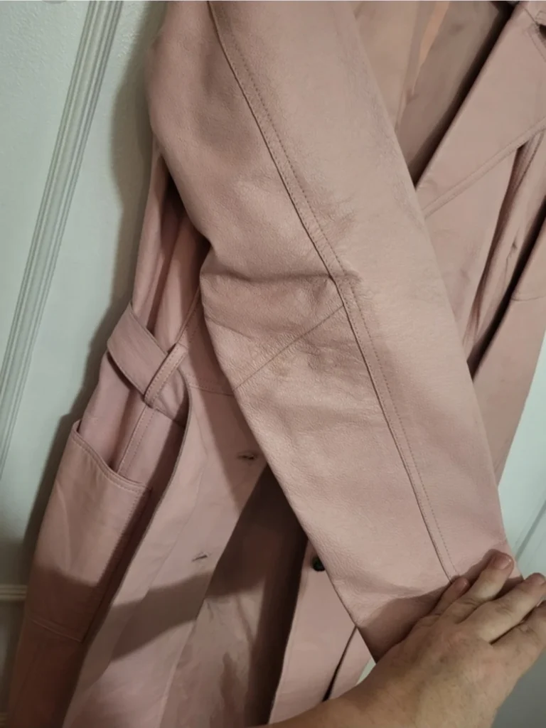 Image for BGN & CO. Y2K Pastel Pink Genuine Leather Trench Coat Jacket / Pastel pink genuine leather trench coat – Size S/P