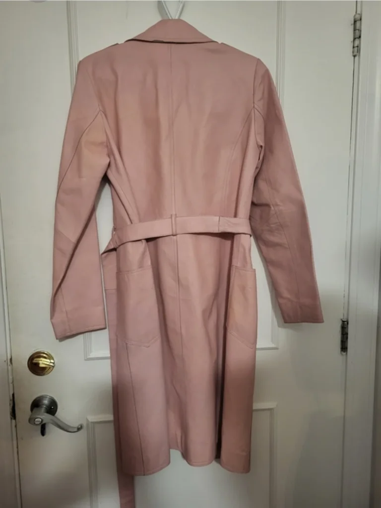 Image for BGN & CO. Y2K Pastel Pink Genuine Leather Trench Coat Jacket / Pastel pink genuine leather trench coat – Size S/P