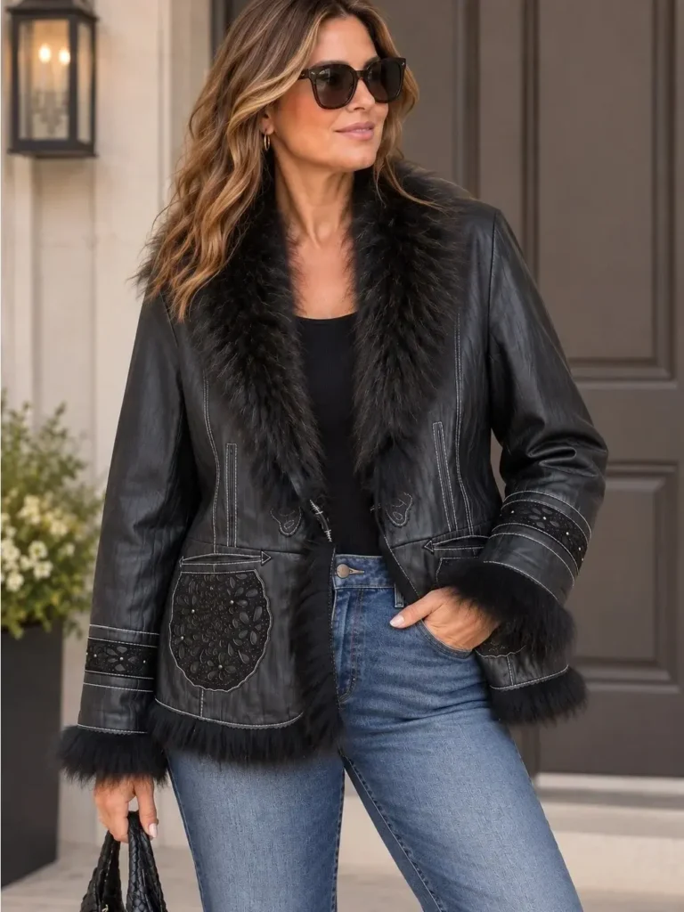 Image for Danier Genuine Leather Raccoon Fur Trim Embellished Jacket Black 2XL