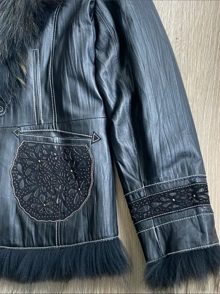 Image for Danier Genuine Leather Raccoon Fur Trim Embellished Jacket Black 2XL