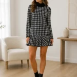 Thumbnail for Marc Cain Black White Knit Turtleneck Dress Flounce Hem