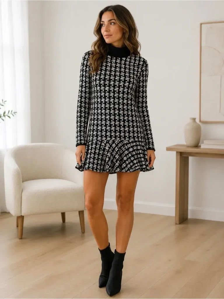 Image for Marc Cain Black White Knit Turtleneck Dress Flounce Hem