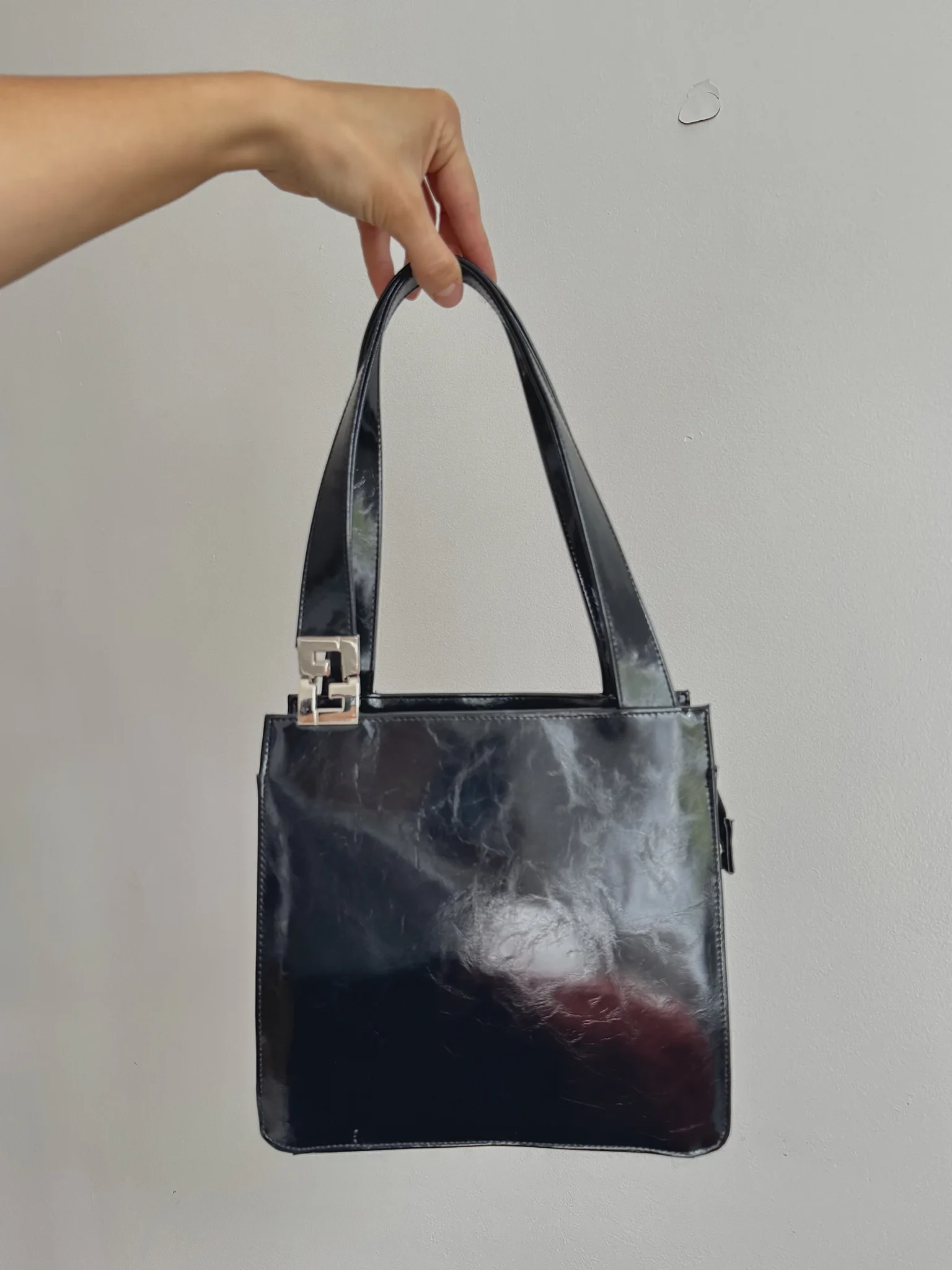 Image for Venetto Black Square Faux Patent Leather Bag – Vintage Y2K / 90s style