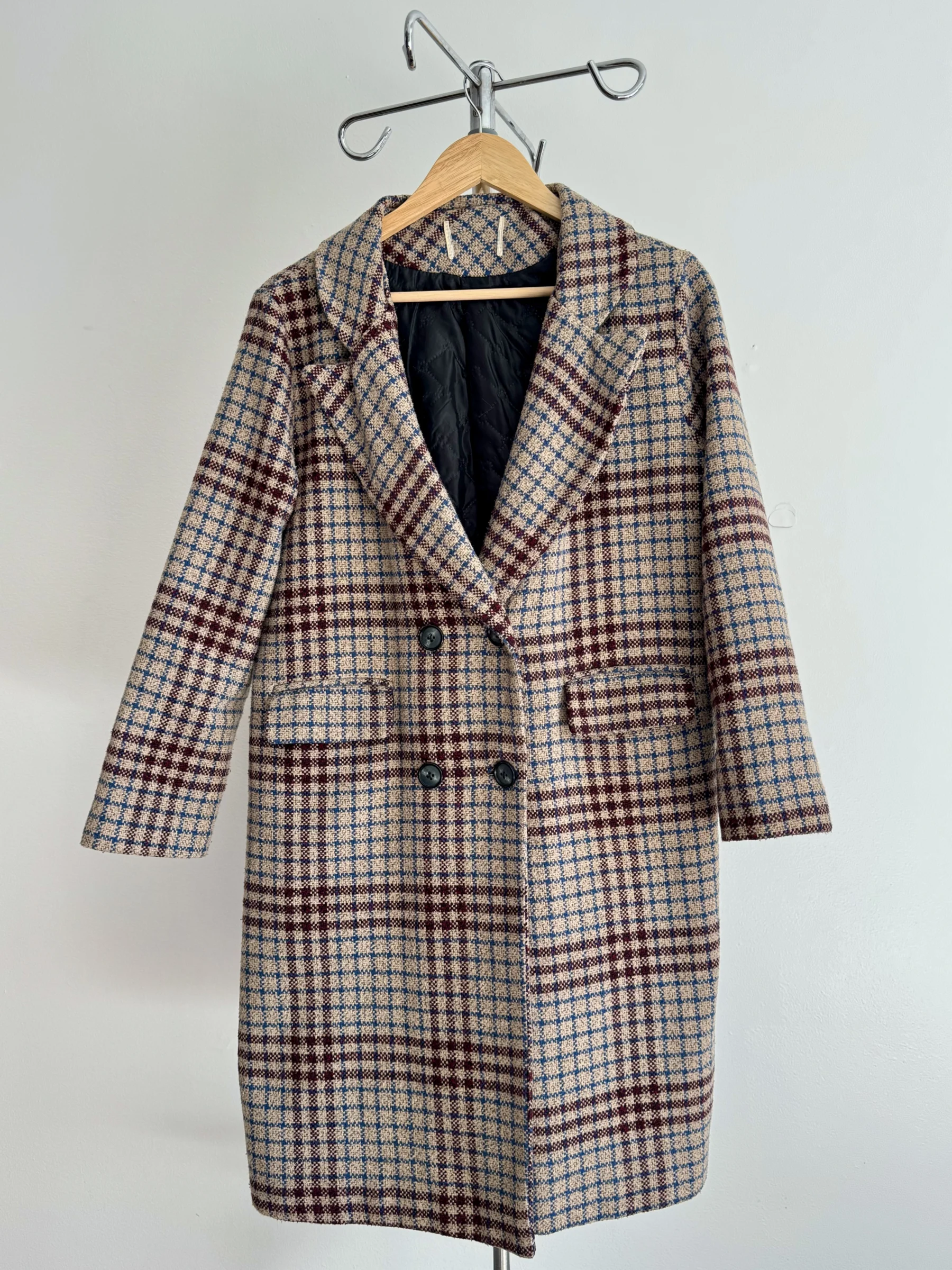 Manteau classique mi long croisé (double-breasted) à carreaux brun, beige & bleu *Autre seconde main