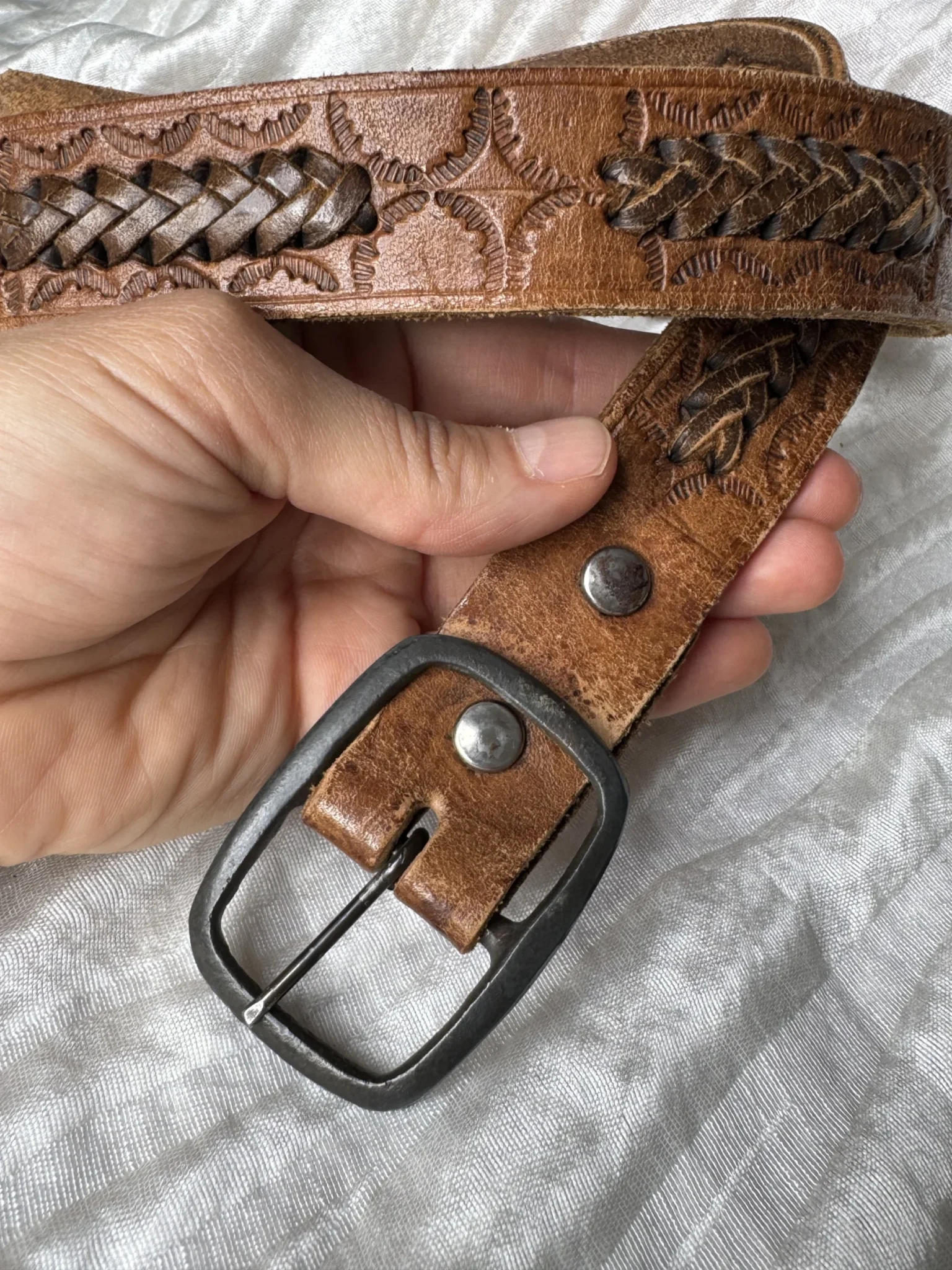 Image for Ceinture western brune vintage en cuir tressé et ciselé – Fait main au Mexique