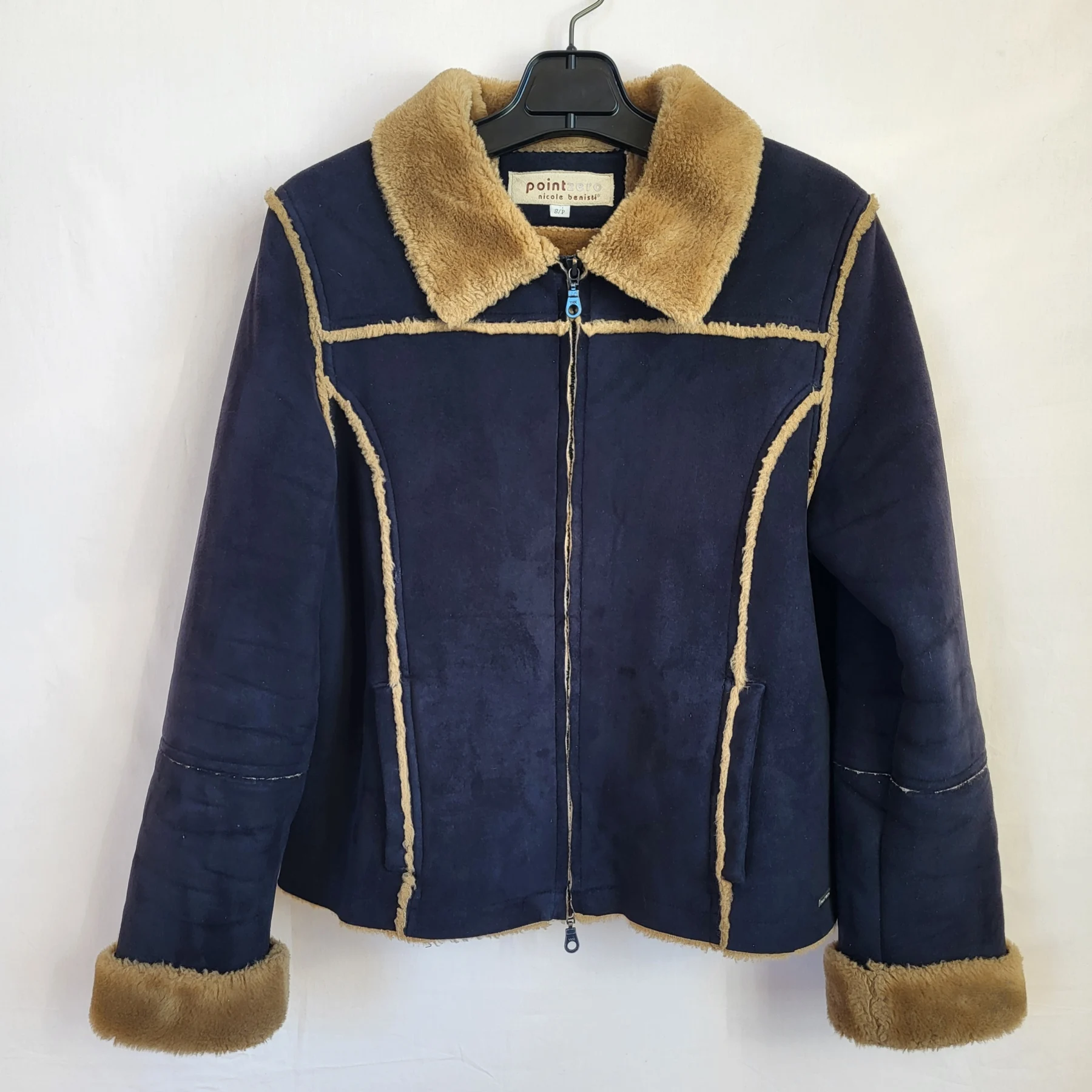 Vintage Point Zero Nicole Benisti Faux Suede Navy Coat Jacket with faux shearling lining Vintage seconde main