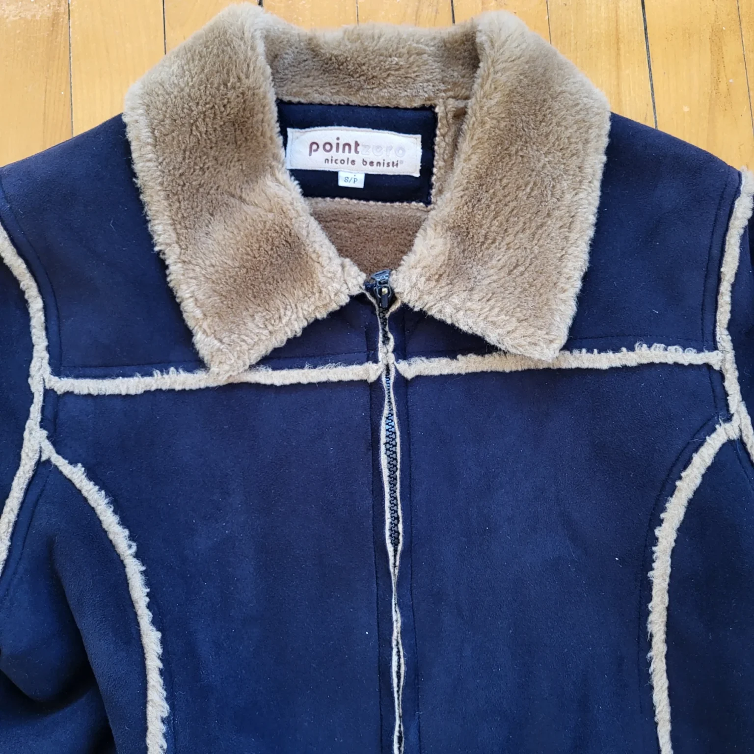 Image for Vintage Point Zero Nicole Benisti Faux Suede Navy Coat Jacket with faux shearling lining