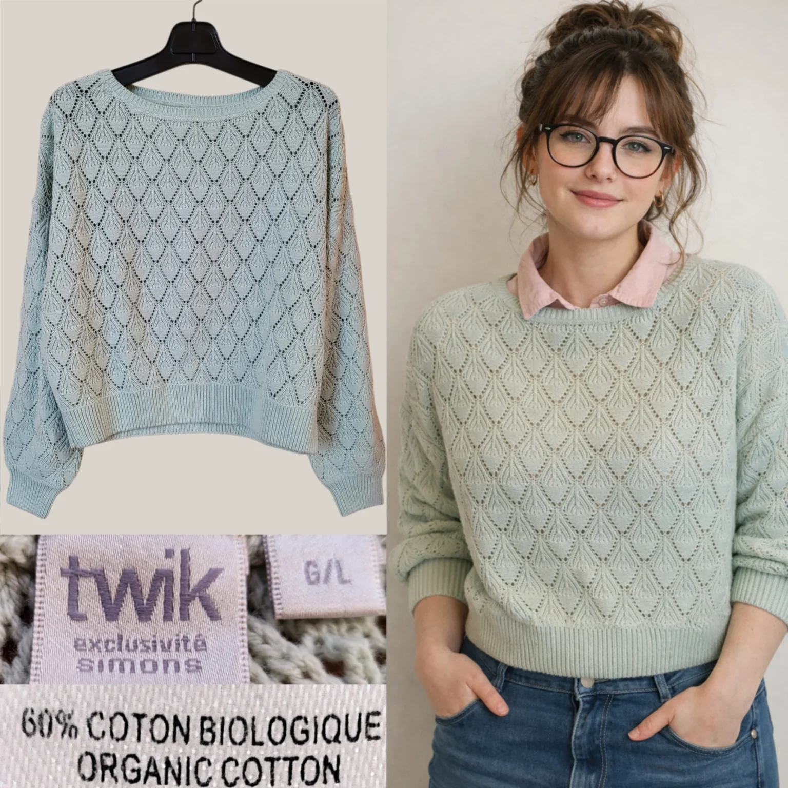 Image for Chandail en tricot de coton biologique 😍🌎 Twik Simons, vert menthe, taille L