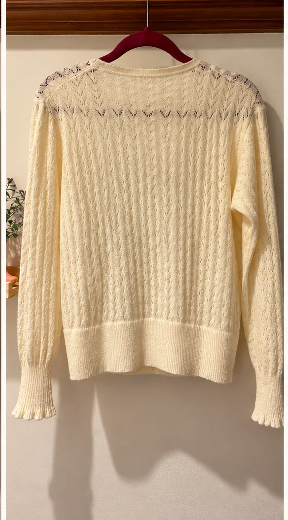 Image for Soolinen | Cream-coloured openwork knitted cardigan with pearls