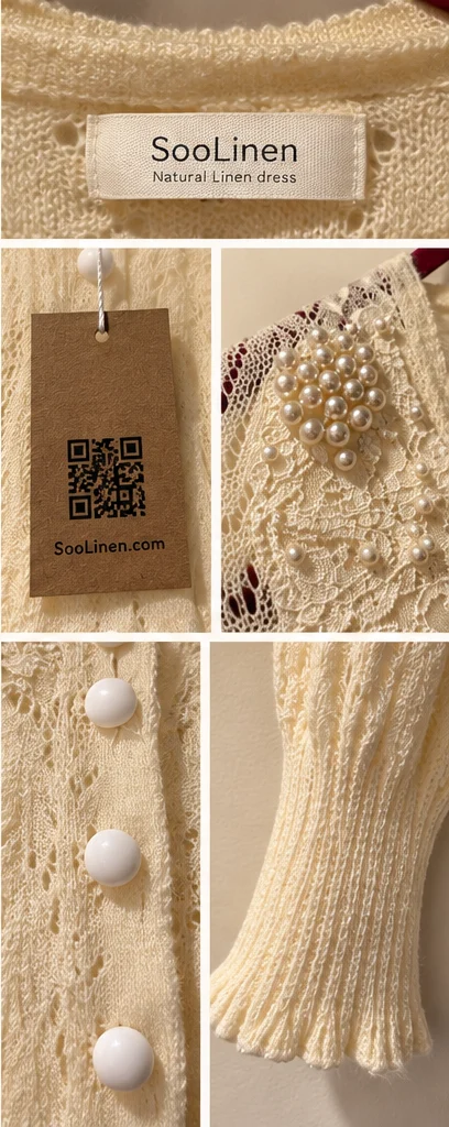 Image for Soolinen | Cream-coloured openwork knitted cardigan with pearls