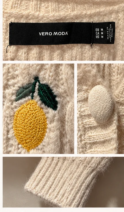 Image for Vero Moda | Cardigan crème à torsades avec citrons brodés – Taille M
