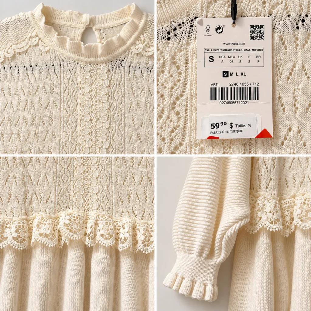 Image for Zara | Haut crème en maille et dentelle – Taille S