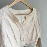 Thumbnail for Cardigan court en tricot torsadé crème Y2K – Style chunky & écourté