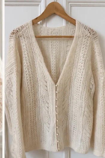 Image for Sézane ecru openwork knitted cardigan – size M