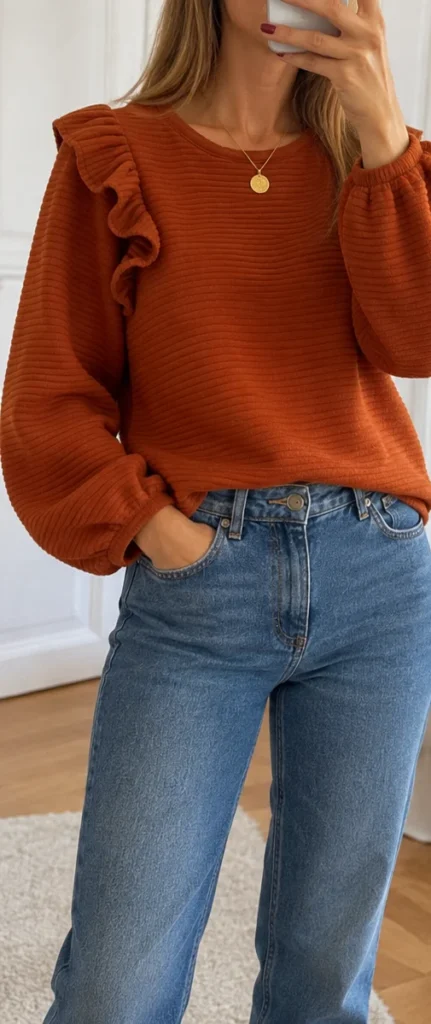 Featured image for Compania Fantastica rust-coloured ruffled top / jumper – size M