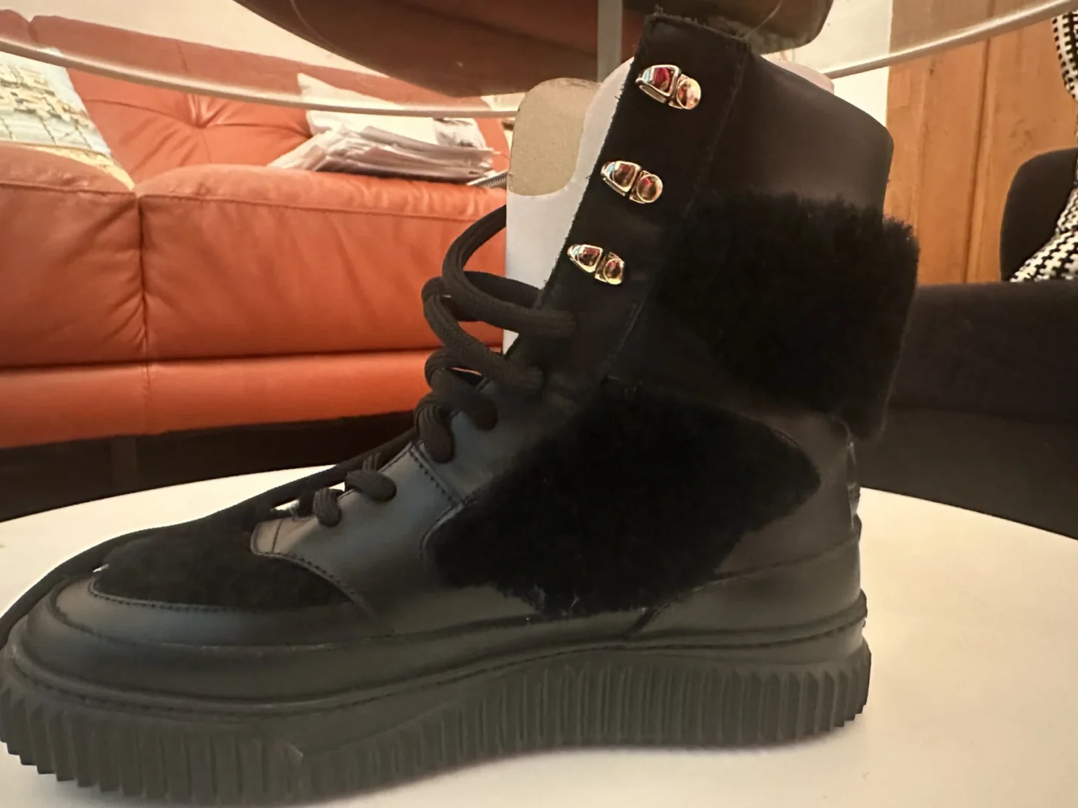 Image for Voile Blanche leather and sheepskin ankle boots, black, platform – size 39 – never worn