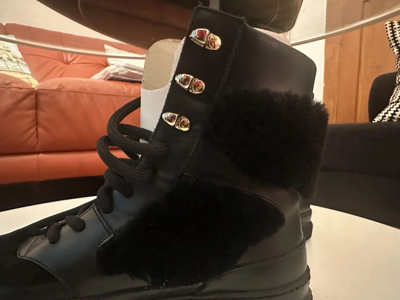 Image for Voile Blanche leather and sheepskin ankle boots, black, platform – size 39 – never worn