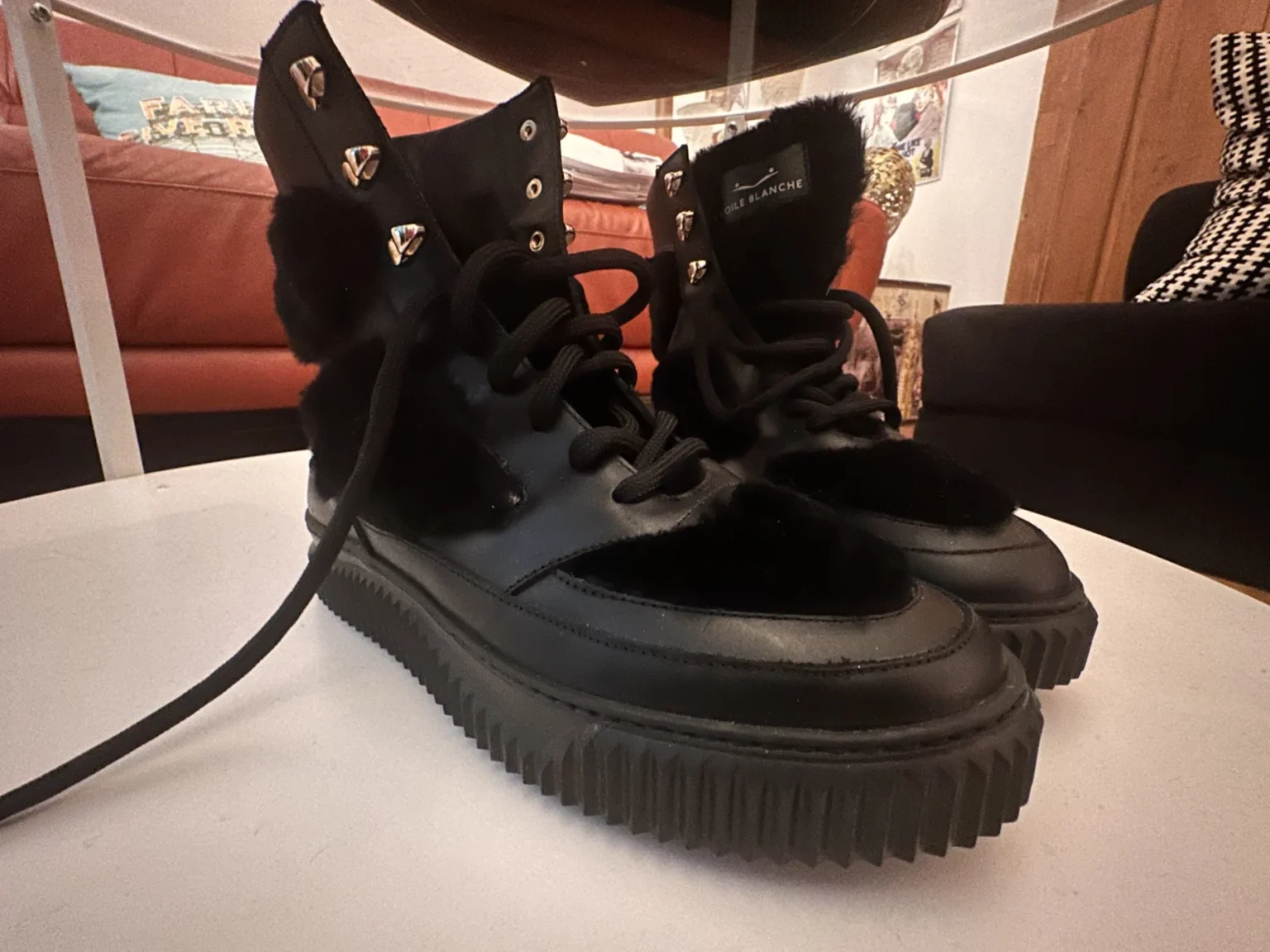 Image for Voile Blanche leather and sheepskin ankle boots, black, platform – size 39 – never worn