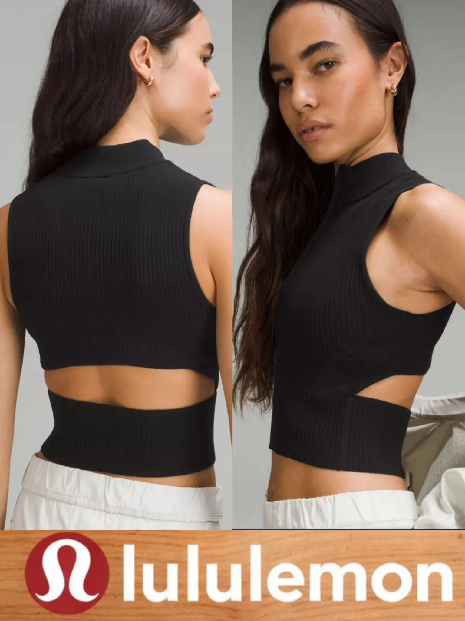 Image for Lululemon Black Top‎ Open Back Half-Zip Ribbed Stretch
