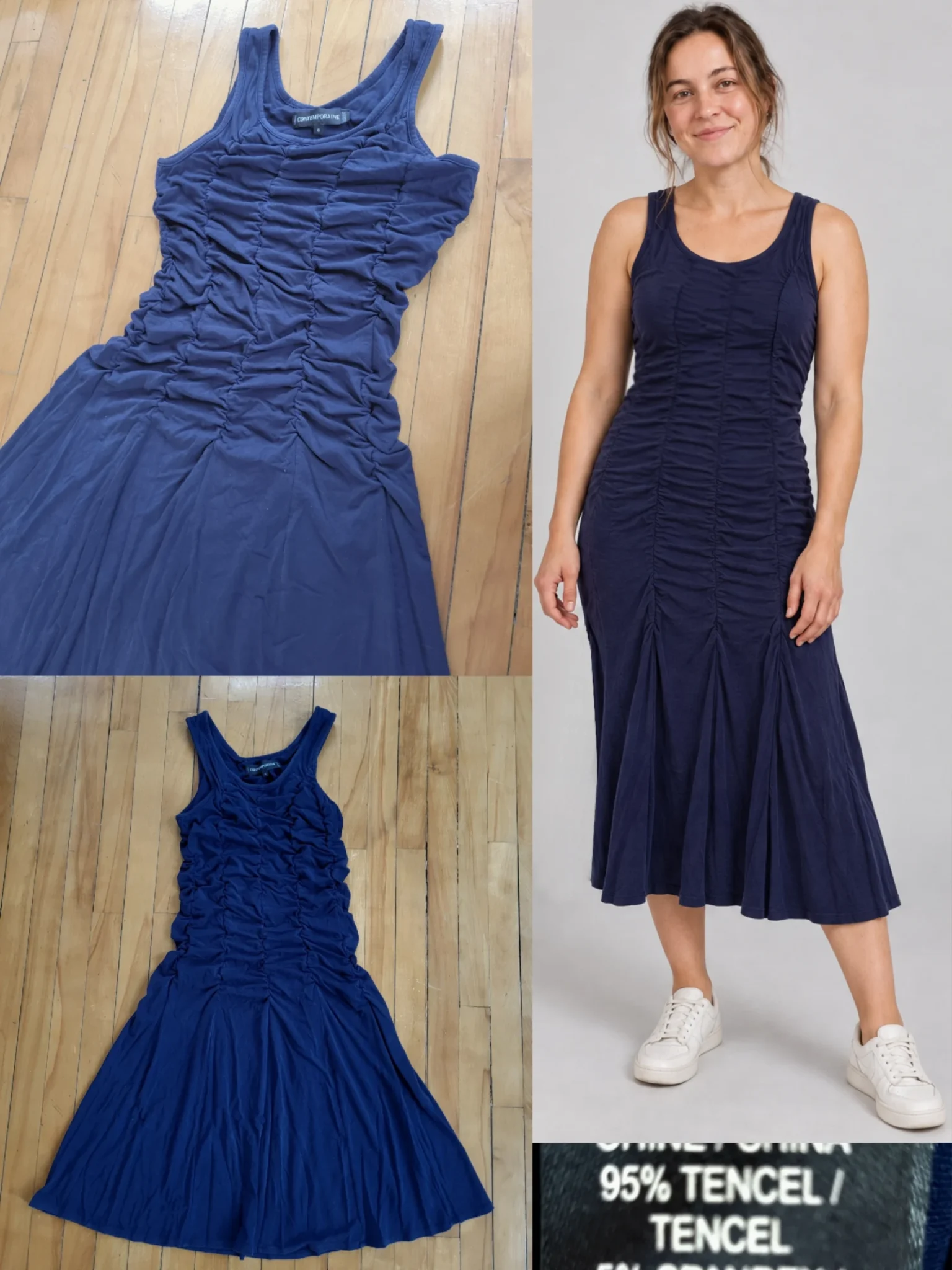 Image for Navy blue sleeveless gathered dress in Tencel/Lyocell, Simons