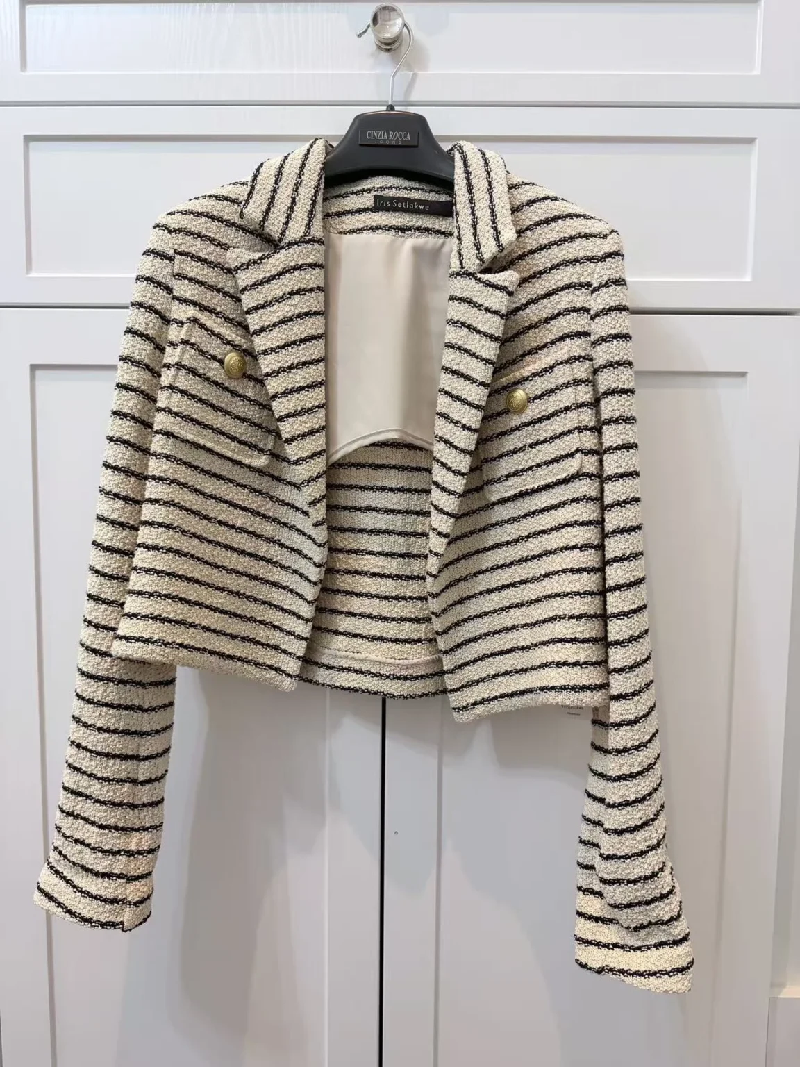 Featured image for Iris Setlakwe Short Jacket with Pocket in cream with navy stripes