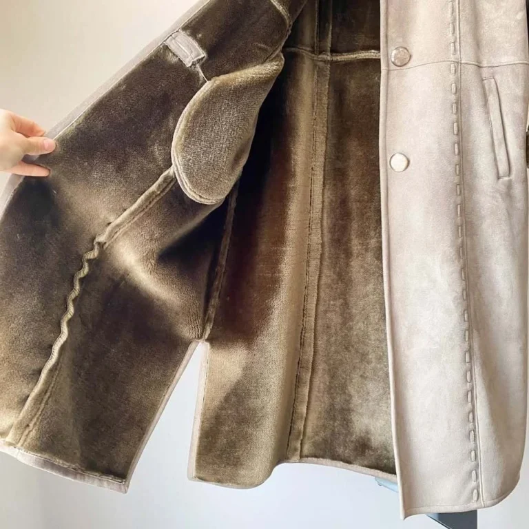 Image for Long Vintage Y2K Khaki Green Coat – Penny Lane Style / Faux Shearling & Fur