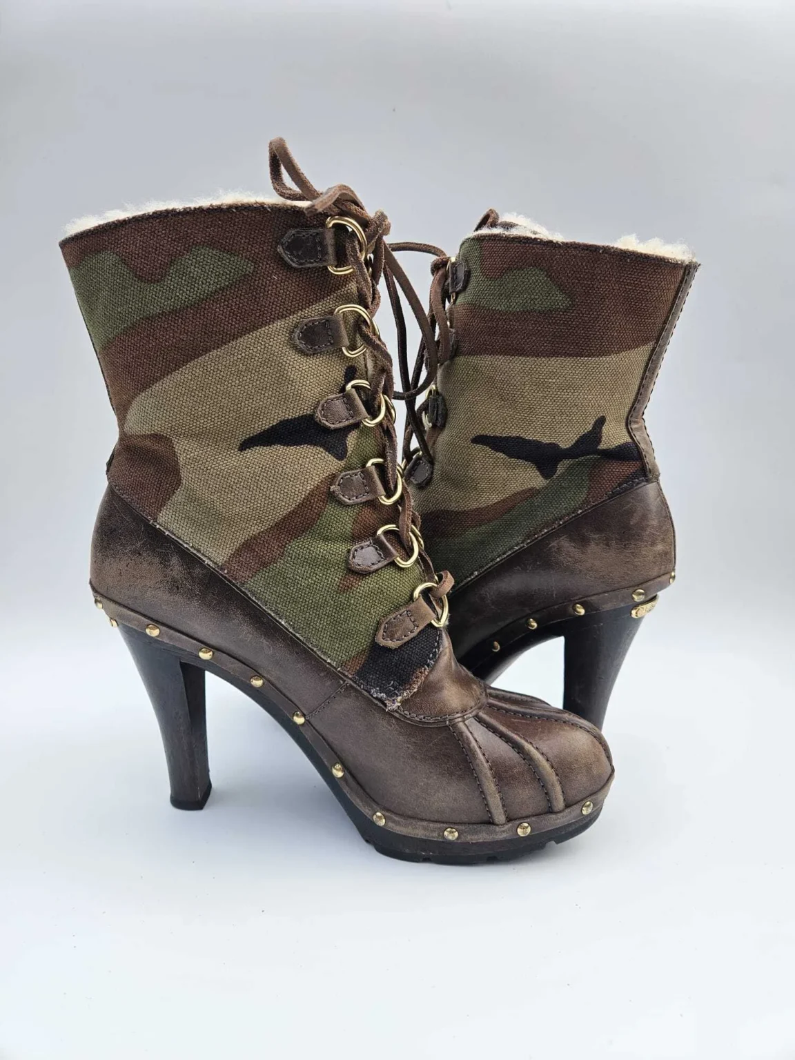 Featured image for KORS Michael Kors Camo Canvas Leather Heeled Boots Shearling Trim 9M