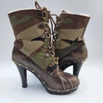 Featured thumbnail for KORS Michael Kors Camo Canvas Leather Heeled Boots Shearling Trim 9M