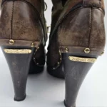 Thumbnail for KORS Michael Kors Camo Canvas Leather Heeled Boots Shearling Trim 9M