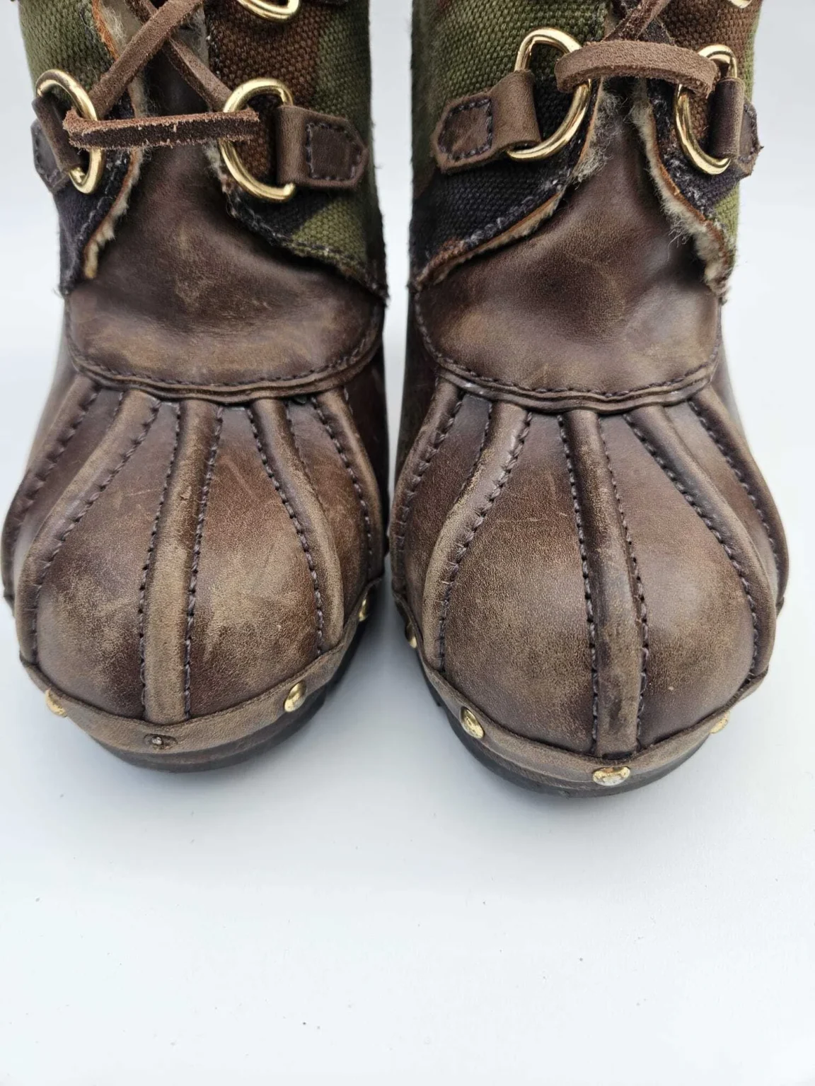 Image for KORS Michael Kors Camo Canvas Leather Heeled Boots Shearling Trim 9M