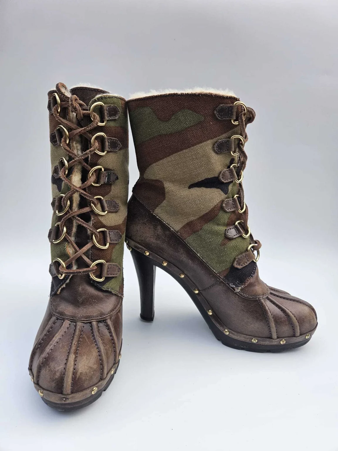 Image for KORS Michael Kors Camo Canvas Leather Heeled Boots Shearling Trim 9M