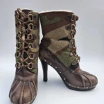 Thumbnail for KORS Michael Kors Camo Canvas Leather Heeled Boots Shearling Trim 9M
