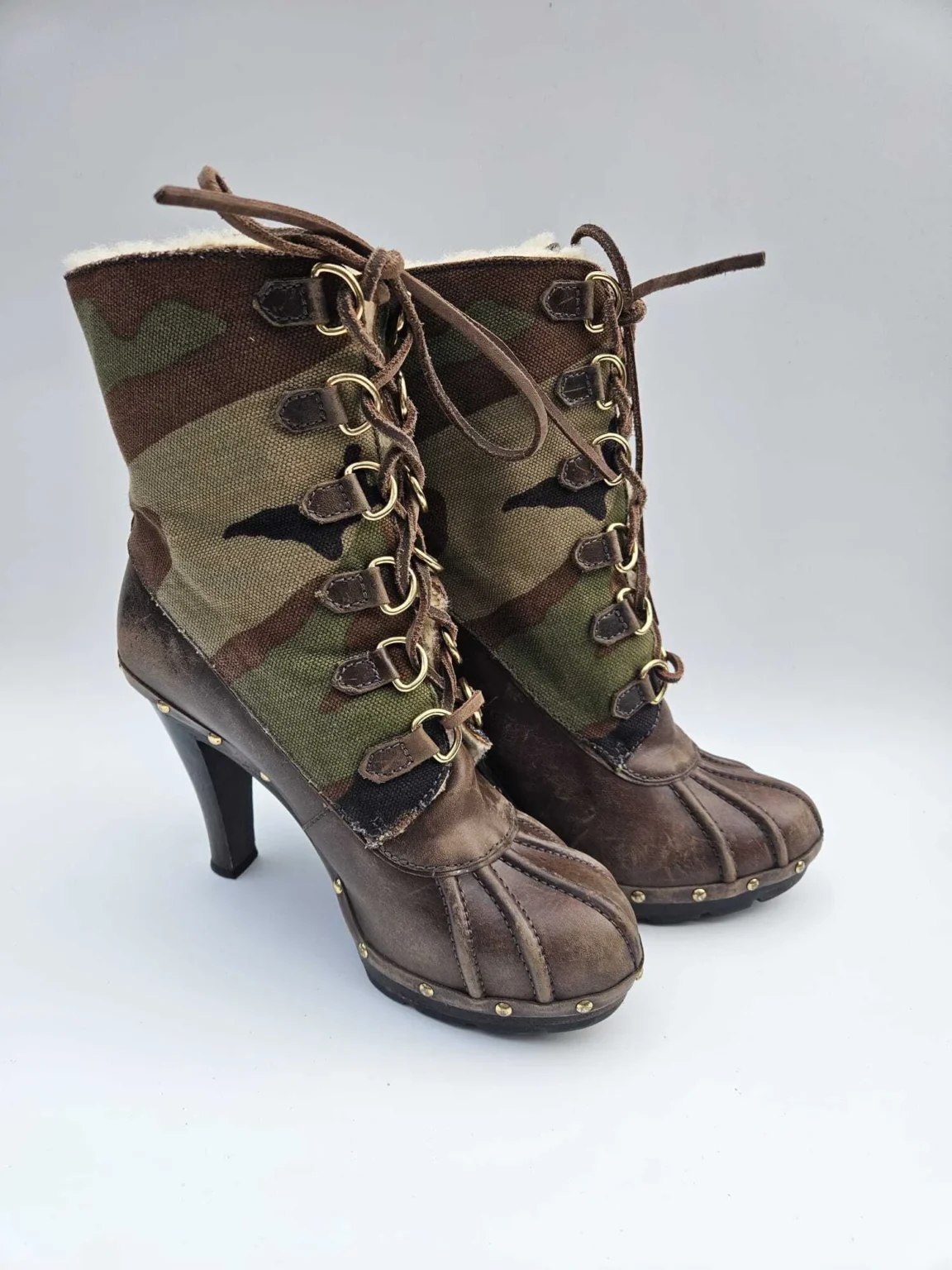 Image for KORS Michael Kors Camo Canvas Leather Heeled Boots Shearling Trim 9M