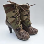 Thumbnail for KORS Michael Kors Camo Canvas Leather Heeled Boots Shearling Trim 9M