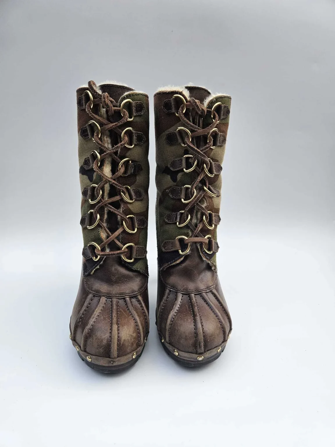 Image for KORS Michael Kors Camo Canvas Leather Heeled Boots Shearling Trim 9M