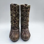 Thumbnail for KORS Michael Kors Camo Canvas Leather Heeled Boots Shearling Trim 9M