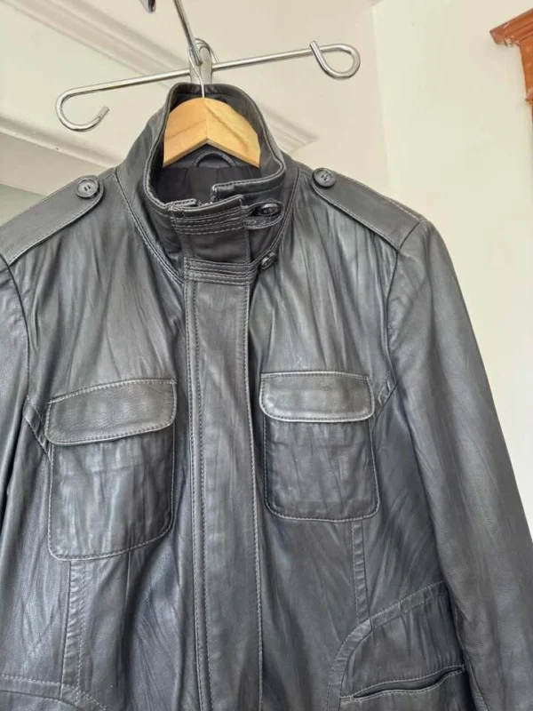 Image for Manteau vintage Y2K en cuir noir marque Danier style militaire à col montant