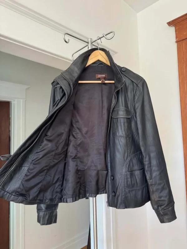 Image for Manteau vintage Y2K en cuir noir marque Danier style militaire à col montant