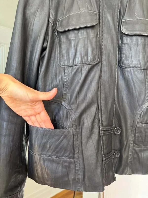 Image for Manteau vintage Y2K en cuir noir marque Danier style militaire à col montant