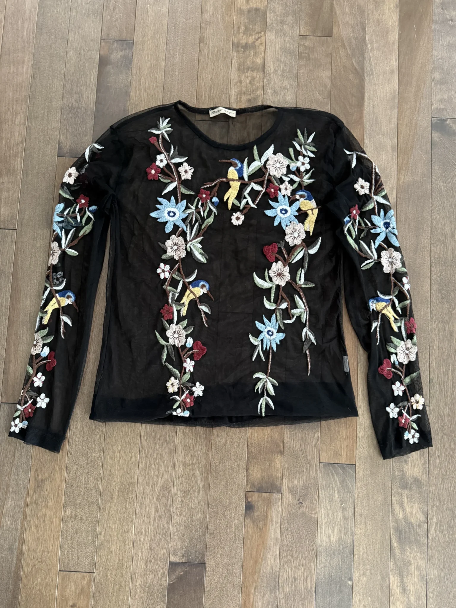 Featured image for ZARA – Black sheer jumper embroidered with flowers and hummingbirds (size M, Women’s)