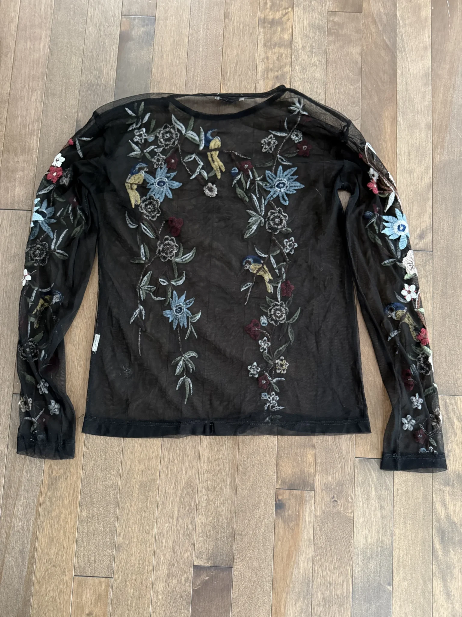 Image for ZARA – Black sheer jumper embroidered with flowers and hummingbirds (size M, Women’s)