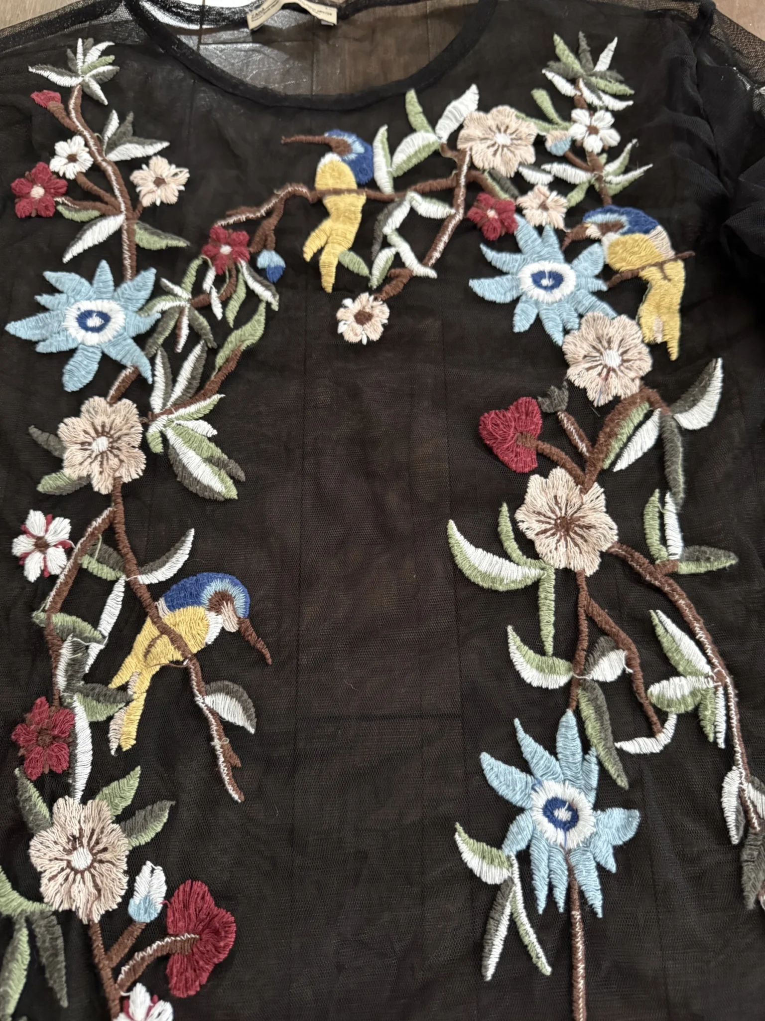 Image for ZARA – Black sheer jumper embroidered with flowers and hummingbirds (size M, Women’s)