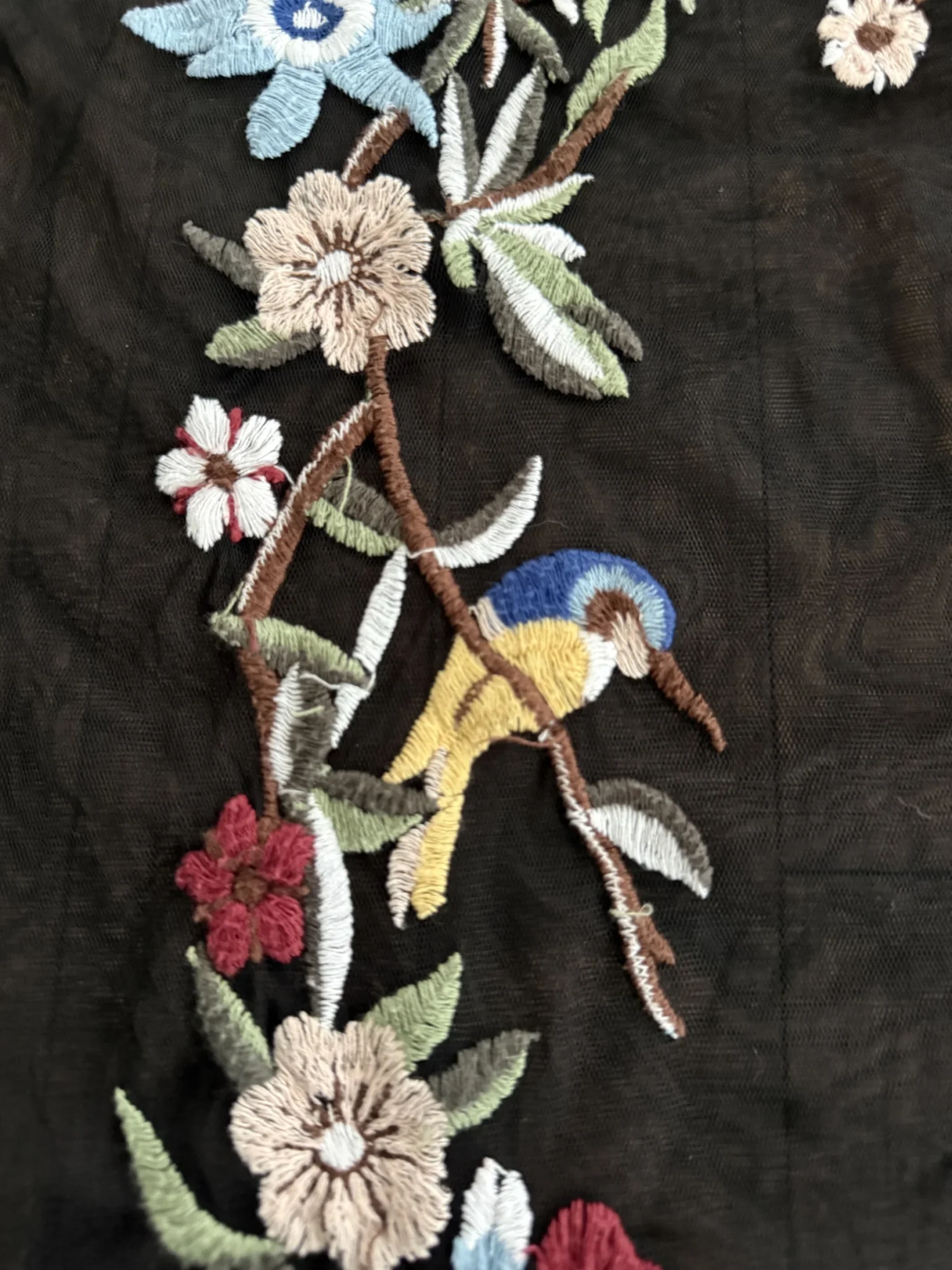Image for ZARA – Black sheer jumper embroidered with flowers and hummingbirds (size M, Women’s)