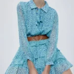 Featured thumbnail for NWT Zara Tie Neck long sleeves Ruffled Tiered Mini Dress Green Blue Teal